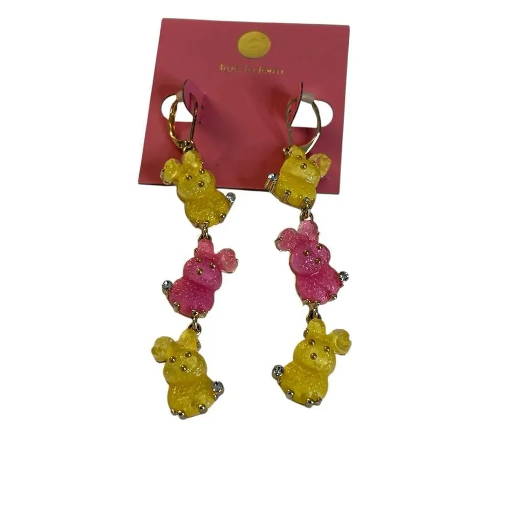 Betsey Johnson Glittery Yellow & Pink Peeps Dangle Earrings w/Rhinestone Accents